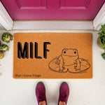 Funny frog doormat for front porch featuring a cute toad illustration on a lily pad with bold text, this durable coir welcome mat is a humorous home decor piece for frog lovers and makes a unique housewarming gift for any