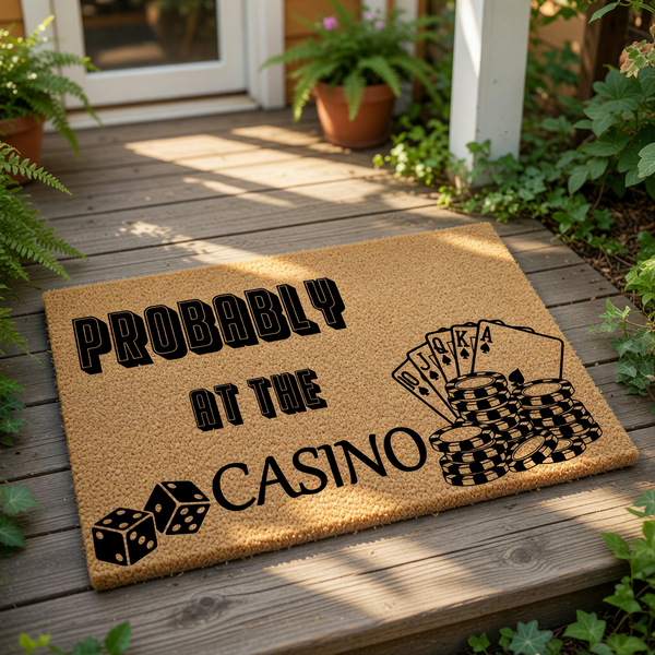 Probably At The Casino doormat featuring a fun gambling theme with playing cards, poker chips, and dice graphics on a natural coir fiber welcome mat, perfect for a game room, man cave, or front porch entrance for any card player.