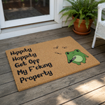 Funny frog doormat with a rude saying and a cartoon frog holding a knife, this natural coir welcome mat features a humorous design for your front porch, entryway, or home decor, perfect for those who love funny and blunt house