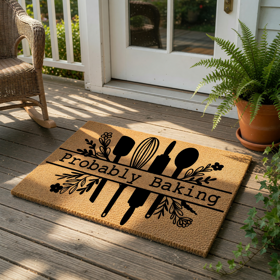 Probably Baking coir doormat featuring kitchen utensil silhouettes like a whisk and rolling pin, this natural fiber welcome mat is a funny housewarming gift for bakers and home cooks who love cute kitchen decor for their front