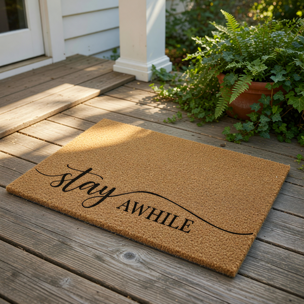 Stay Awhile coir doormat with black script lettering, a natural fiber welcome mat for front porch decor that adds a warm touch to your entryway, housewarming floor rug, and outdoor entrance mat for guests to wipe their feet.