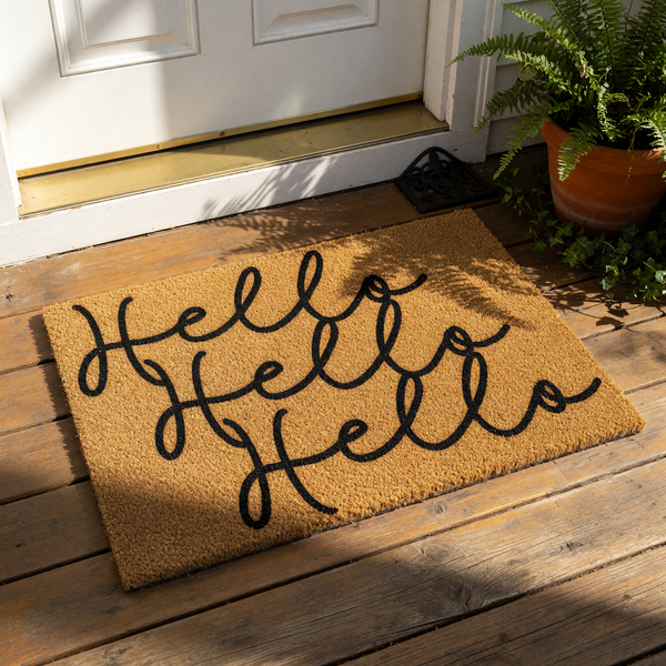 Hello Hello Hello coir doormat with a natural fiber texture and black script lettering, this modern welcome mat is a stylish front porch rug for your home entryway, providing a durable and decorative floor mat for guests.