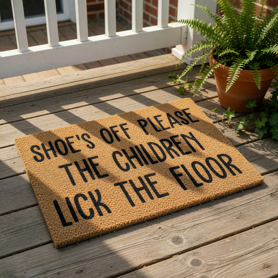 Funny Shoes Off Please The Children Lick The Floor doormat made of natural coir fiber, a humorous front porch welcome mat with bold black text that makes a great housewarming entry rug for parents with kids and a quirky home