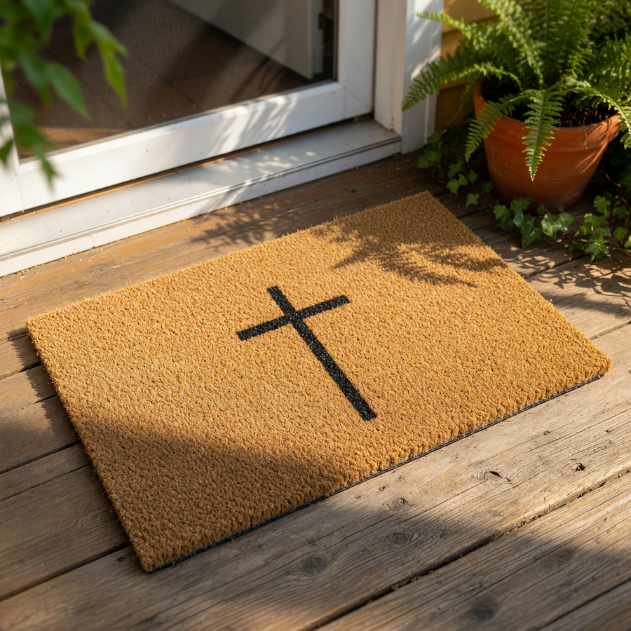 Religious cross doormat featuring a simple black cross design on a natural coir fiber welcome mat, this durable outdoor floor mat serves as a faith-inspired entryway rug for your front porch or home entrance decor.