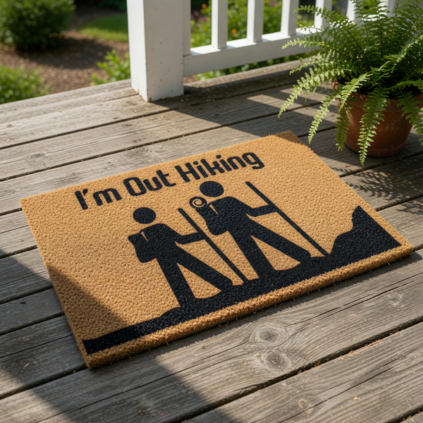 I'm Out Hiking doormat featuring a natural coir fiber texture with a black silhouette of two hikers with backpacks and walking sticks, making this outdoor welcome mat a fun home decor piece for nature lovers and mountain trail