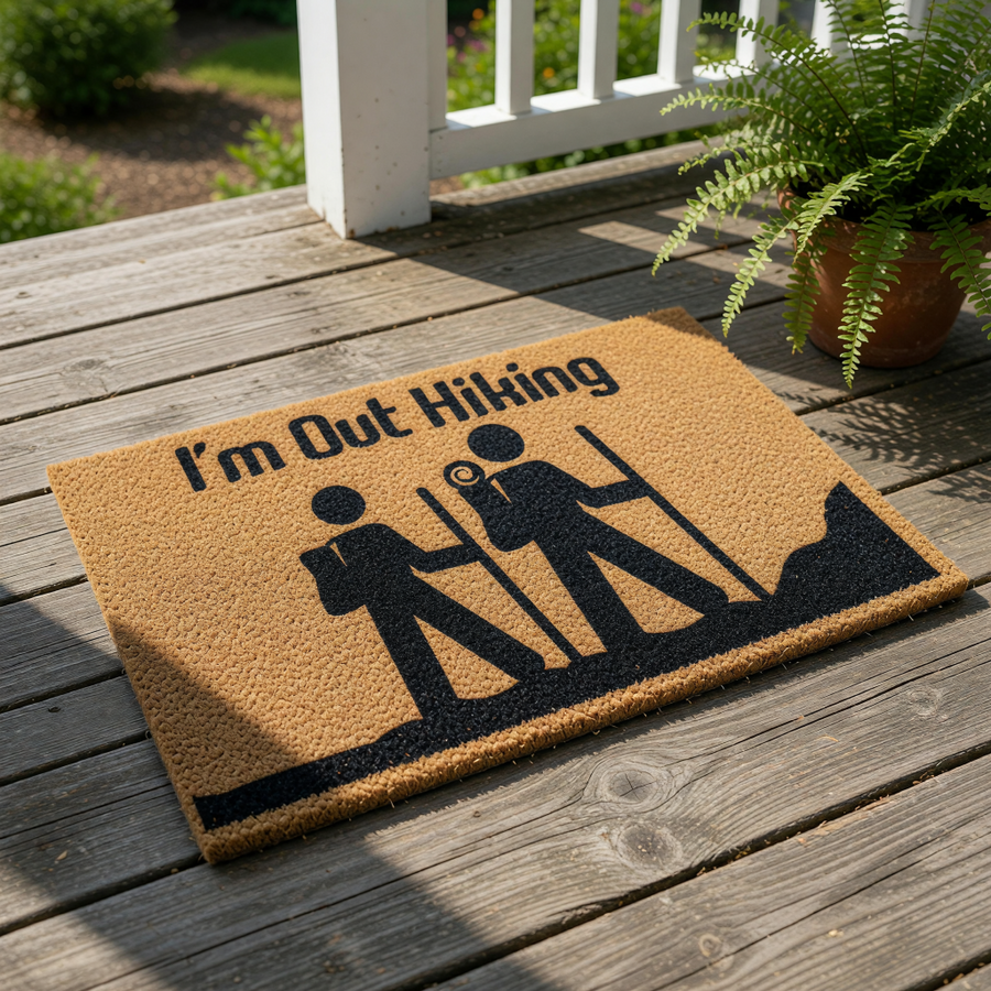 I'm Out Hiking doormat featuring a natural coir fiber texture with a black silhouette of two hikers with backpacks and walking sticks, making this outdoor welcome mat a fun home decor piece for nature lovers and mountain trail
