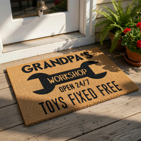 Grandpa's Workshop doormat featuring a wrench graphic and text reading Toys Fixed Free, this durable coir welcome mat is a fun garage or shop floor decor piece for a handyman grandfather who loves fixing toys for his grandkids.
