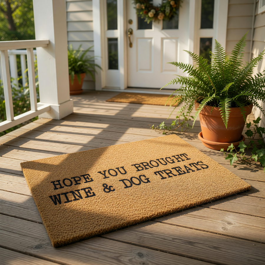 Funny dog lover doormat with the text Hope You Brought Wine and Dog Treats printed in black on a natural coir fiber welcome mat, perfect for a front porch entry or as a humorous housewarming gift for pet owners and wine