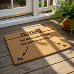 Funny doormat for deliveries featuring a movie-themed question about room on a door with arrows pointing to yes and no options, this natural coir fiber welcome mat is a humorous front porch decor piece for movie fans and home