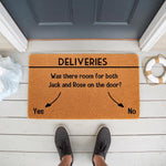 Funny delivery doormat for front porch featuring a movie-themed question about a door, printed on natural coir fiber.