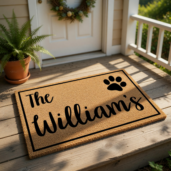 Personalized family name doormat with a cute dog paw print design, featuring a natural coir fiber texture and black script text on this custom outdoor welcome mat for pet lovers and home entryways, perfect for a housewarming