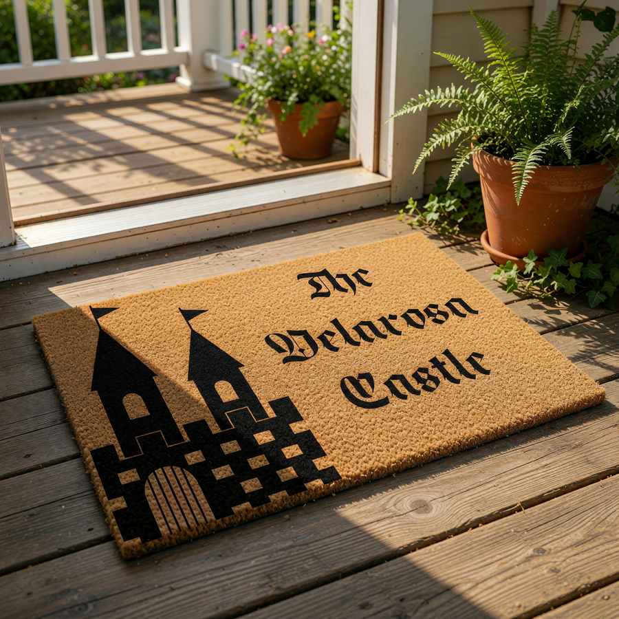 Personalized castle doormat featuring a black graphic of a fortress with towers on a natural coir welcome mat, perfect for a fantasy home entrance or custom housewarming decor that adds a unique touch to your front porch entryway.