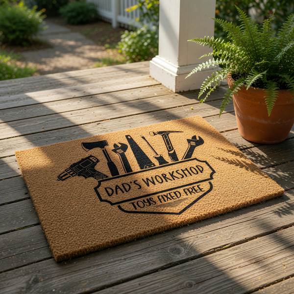 Dad's Workshop coir doormat featuring a black graphic of tools like a drill, hammer, and saw, making this personalized welcome mat a fun home decor piece for a garage, man cave, or entryway for any handy father who loves fixing