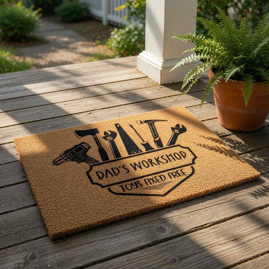 Dad's Workshop coir doormat featuring a black graphic of tools like a drill, hammer, and saw, making this personalized welcome mat a fun home decor piece for a garage, man cave, or entryway for any handy father who loves fixing