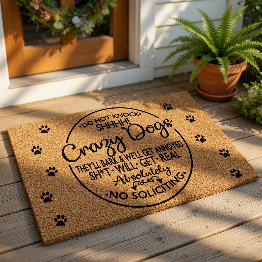 Funny dog doormat with paw prints and text warning about crazy dogs, barking, and no soliciting.