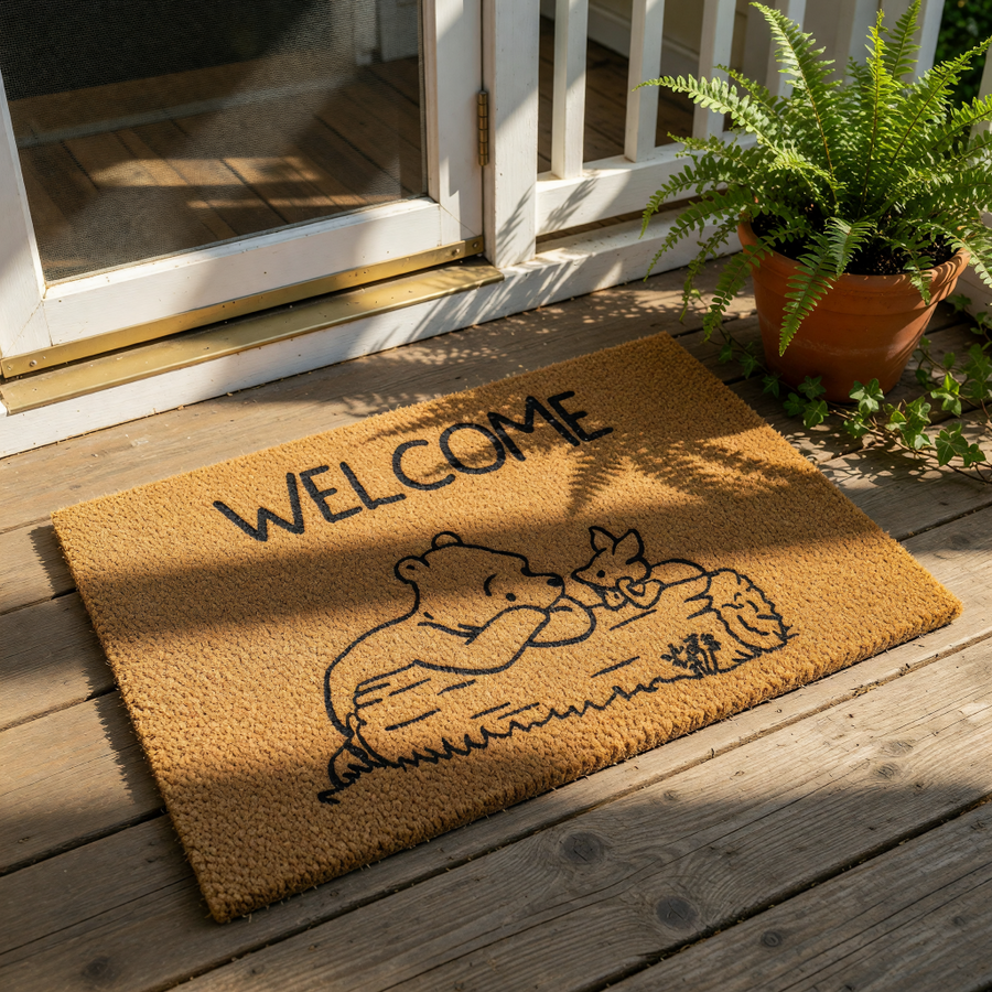 Coir welcome doormat featuring a line art illustration of a bear and a small animal resting on a log, this natural fiber outdoor welcome mat is a durable front porch rug for home entryways and adds a cute touch to your front door