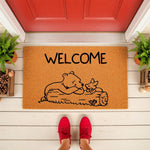 Bear and small animal welcome doormat featuring a cute cartoon illustration on natural coir fiber, perfect for a front porch entry way, this durable outdoor welcome mat adds a charming touch to your home decor and entryway floor.