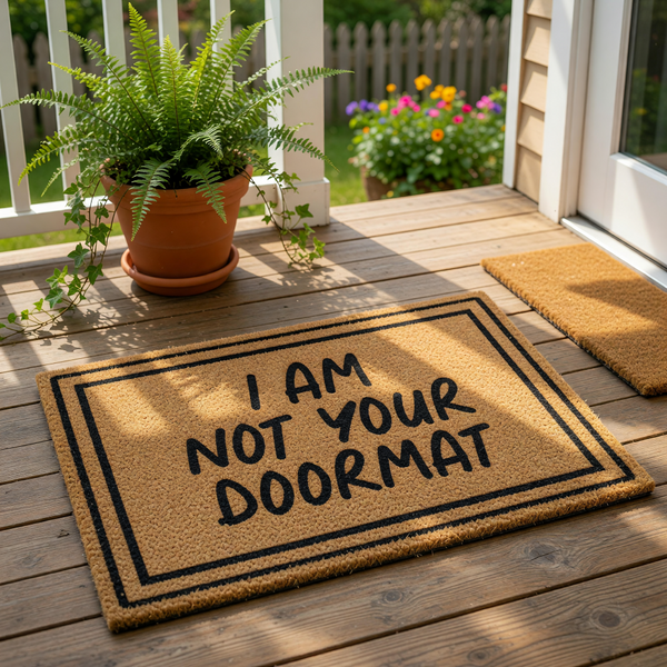 Funny I Am Not Your Doormat coir welcome mat with a bold black border and sarcastic text, this natural fiber outdoor rug serves as a humorous front porch entry mat for home decor that makes a bold statement to every visitor at