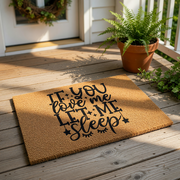 Funny doormat with the text If You Love Me Let Me Sleep printed in black on a natural coir fiber welcome mat, featuring decorative stars and sleepy eye icons for a humorous home decor entrance piece for your front porch or