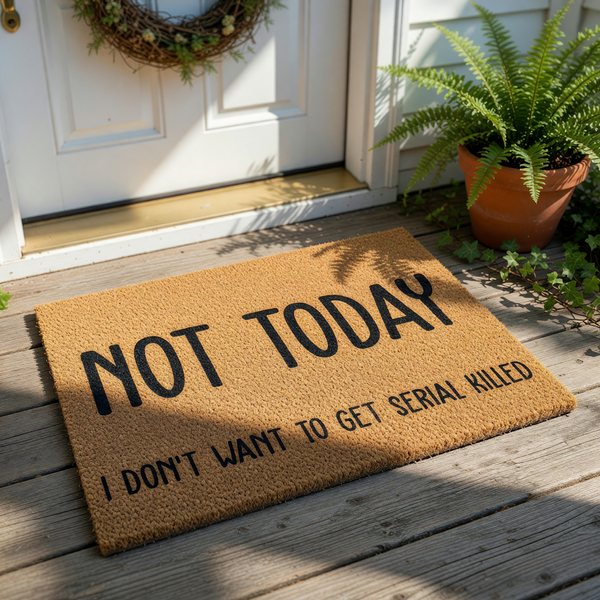 Funny Not Today I Don't Want To Get Serial Killed doormat, a natural coir fiber welcome mat with bold black text for a humorous front porch decor look that makes a great housewarming entry rug for true crime fans and home