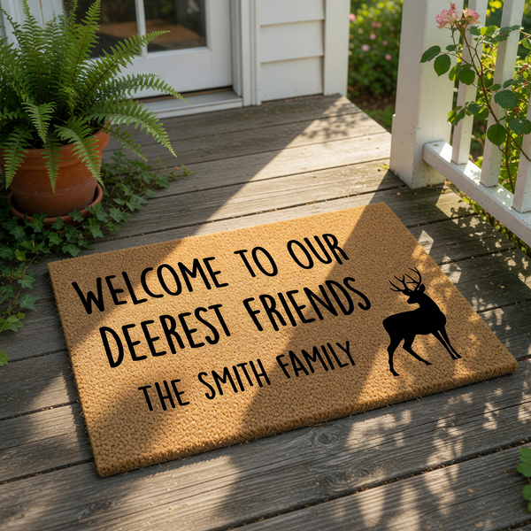 Personalized deer welcome doormat featuring a rustic animal design and custom family name text, this durable coir fiber entry mat is a stylish housewarming decor piece for your front porch or home entrance area.