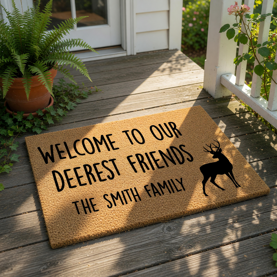 Personalized deer welcome doormat featuring a rustic animal design and custom family name text, this durable coir fiber entry mat is a stylish housewarming decor piece for your front porch or home entrance area.