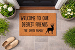 Personalized deer welcome doormat featuring a rustic buck silhouette and custom family name text, perfect for a farmhouse porch entry.