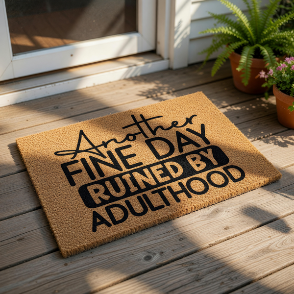 Funny Another Fine Day Ruined By Adulthood doormat, a natural coir fiber welcome mat with bold black typography for a sarcastic front porch decor look that makes a humorous housewarming entry rug for any home or apartment