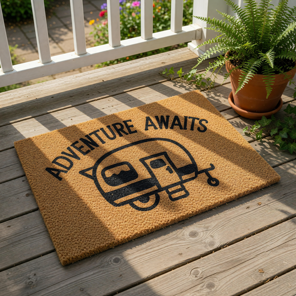 Adventure Awaits camper doormat featuring a cute travel trailer illustration on natural coir fiber, this outdoor welcome mat is a fun camping decor piece for your front porch, entryway, or RV entrance for any travel enthusiast.