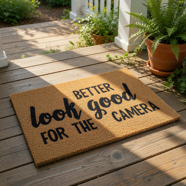 Funny doormat with the text Better Look Good For The Camera printed in black on a natural coir fiber welcome mat, perfect for a stylish entryway, front porch decor, or a humorous housewarming gift for a home with a modern design.