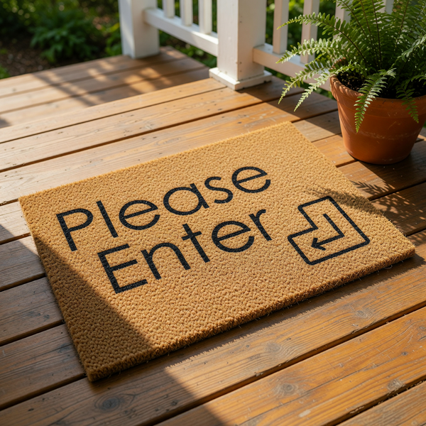 Please Enter coir doormat with a natural fiber texture and black text featuring an enter key symbol, perfect as a funny front door welcome mat, porch decor, or a unique housewarming entry rug for your home or apartment entryway.
