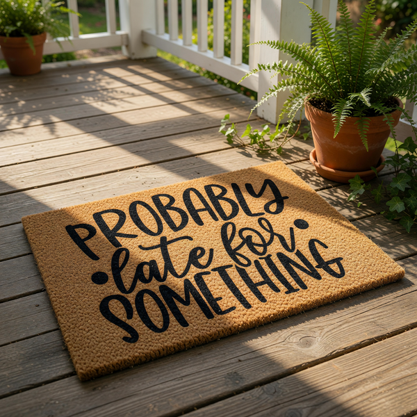 Funny coir doormat with the text Probably Late For Something printed in black script and block lettering, this natural fiber welcome mat is a humorous front porch decor piece for your home entrance or apartment entryway floor.