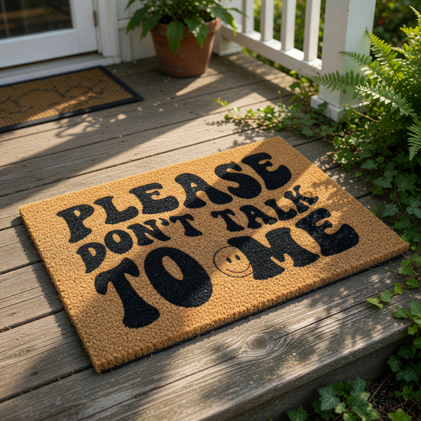 Funny doormat with Please Don't Talk To Me text in a retro wavy font and a small smiley face icon, featuring a natural coir fiber texture for an outdoor welcome mat that adds a humorous touch to your front porch entryway decor.