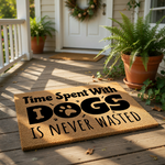 Dog lover doormat featuring the quote Time Spent With Dogs Is Never Wasted in bold black text on a natural coir fiber welcome mat, perfect for pet owners looking for a funny front porch rug or a durable outdoor entrance floor mat.