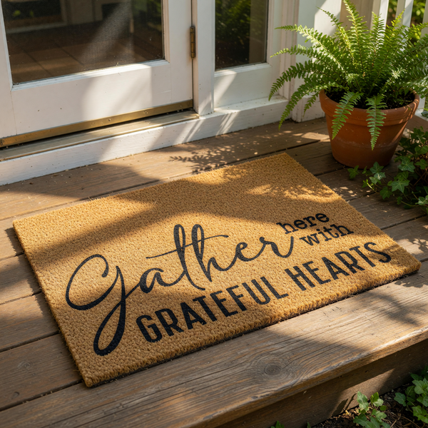 Gather Here With Grateful Hearts coir doormat, a natural fiber welcome mat for your front porch entry, featuring black script and block lettering on a durable outdoor rug that adds a warm, inviting touch to your home decor.