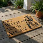 Off With Your Shoes doormat featuring a queen illustration on natural coir fiber, this funny entryway rug is a durable welcome mat for home decor that keeps dirt outside while adding a whimsical touch to your front porch or