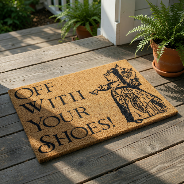 Off With Your Shoes doormat featuring a queen illustration on natural coir fiber, this funny entryway rug is a durable welcome mat for home decor that keeps dirt outside while adding a whimsical touch to your front porch or