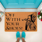 Funny doormat with a queen character pointing and the text Off With Your Shoes, this natural coir welcome mat is a decorative front porch rug for home entryways that adds a whimsical touch to your outdoor decor and entryway floor.