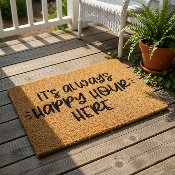 Happy Hour welcome doormat made of natural coir fiber with black text that reads It is always happy hour here, a funny front porch rug for home decor, housewarming, or a bar area entrance that adds a playful touch to your