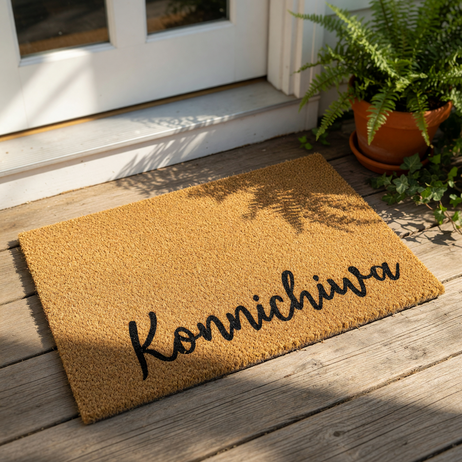 Konnichiwa coir doormat featuring a natural fiber texture and black script lettering, this durable outdoor welcome mat is a stylish entryway rug for your front porch or home entrance to greet guests with a friendly Japanese