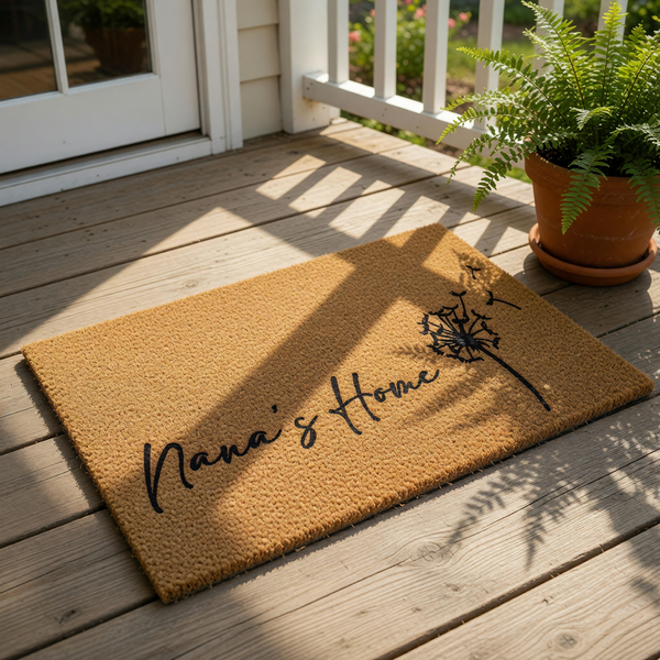Nana's Home doormat with a dandelion design, featuring a natural coir fiber welcome mat for the front porch that makes a sweet housewarming decor piece for a grandmother who loves floral, botanical, and rustic home entry styles.
