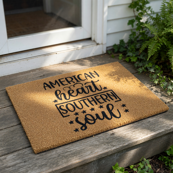 American Heart Southern Soul coir doormat featuring black typography on a natural fiber welcome mat, perfect for rustic farmhouse porch decor or a patriotic front door entrance that celebrates country living and southern charm.