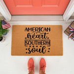 American Heart Southern Soul doormat featuring patriotic stars and script typography on natural coir fiber, perfect for a front porch welcome mat decor that adds a rustic country style to your home entrance and entryway floor.