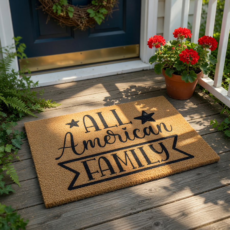 All American Family coir doormat with black text and star accents, featuring a durable natural fiber welcome mat design for front porch decor that adds a patriotic touch to your home entrance and outdoor entryway floor covering.