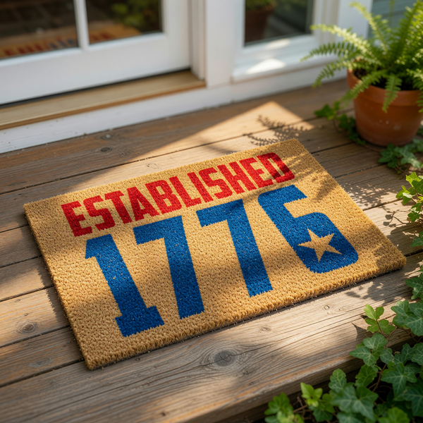 Established 1776 coir doormat with red and blue patriotic text and a star design, perfect for a front porch welcome mat or outdoor entryway decor that celebrates American history with a durable natural fiber floor rug.
