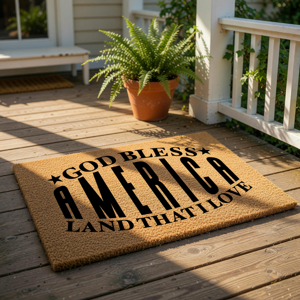 Patriotic coir doormat featuring the text God Bless America Land That I Love in bold black lettering, this natural fiber welcome mat is a durable outdoor floor rug for your front porch entry decor during national holidays.