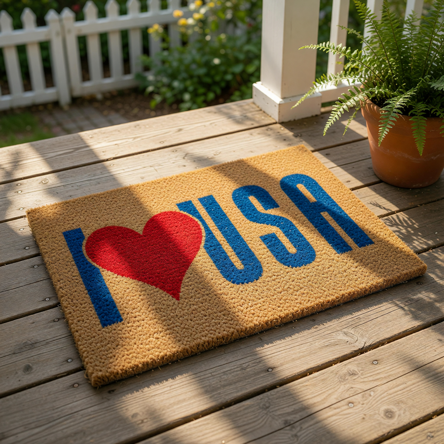 Patriotic USA doormat featuring a bold red heart graphic and blue lettering on a natural coir fiber welcome mat, perfect for a front porch entrance or outdoor home decor to show national pride and a festive American style look.