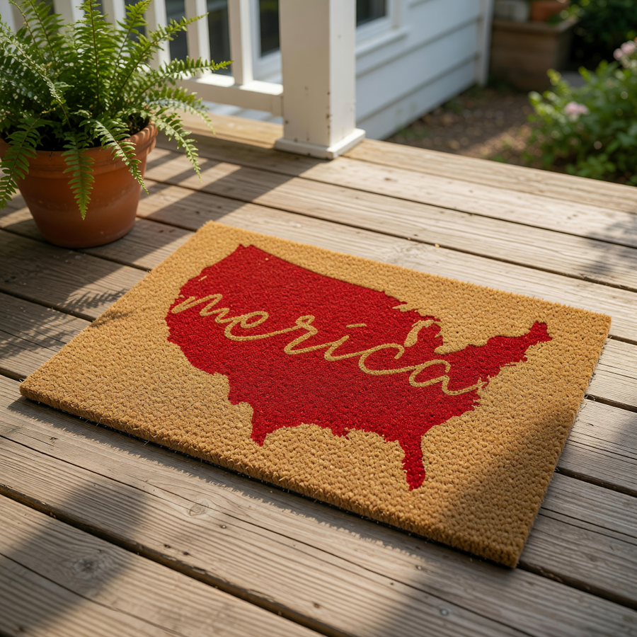 Patriotic coir doormat featuring a bright red map of the United States with cursive text overlay, perfect as a front porch welcome mat or outdoor floor rug for a rustic home entrance with a fun, casual, and festive country look.