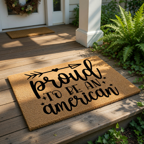 Proud to be an American coir doormat with black text and arrow design, this patriotic outdoor welcome mat features durable natural fiber construction for a rustic front porch entry decor look that celebrates national pride.