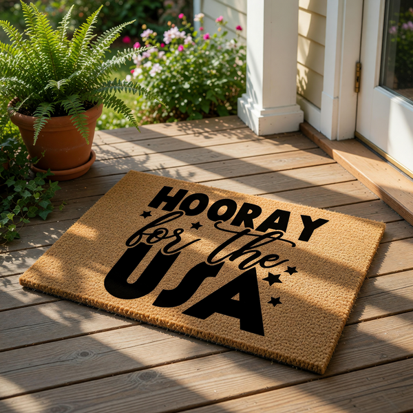 Hooray for the USA coir doormat with black text and star accents, this patriotic outdoor welcome mat is a durable natural fiber floor rug for your front porch entry, perfect for summer holiday home decor and seasonal entryway